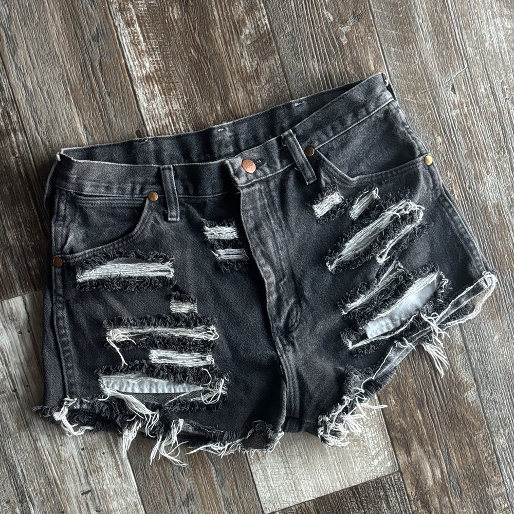 Distressed Wrangler High Waist Black Denim Shorts
